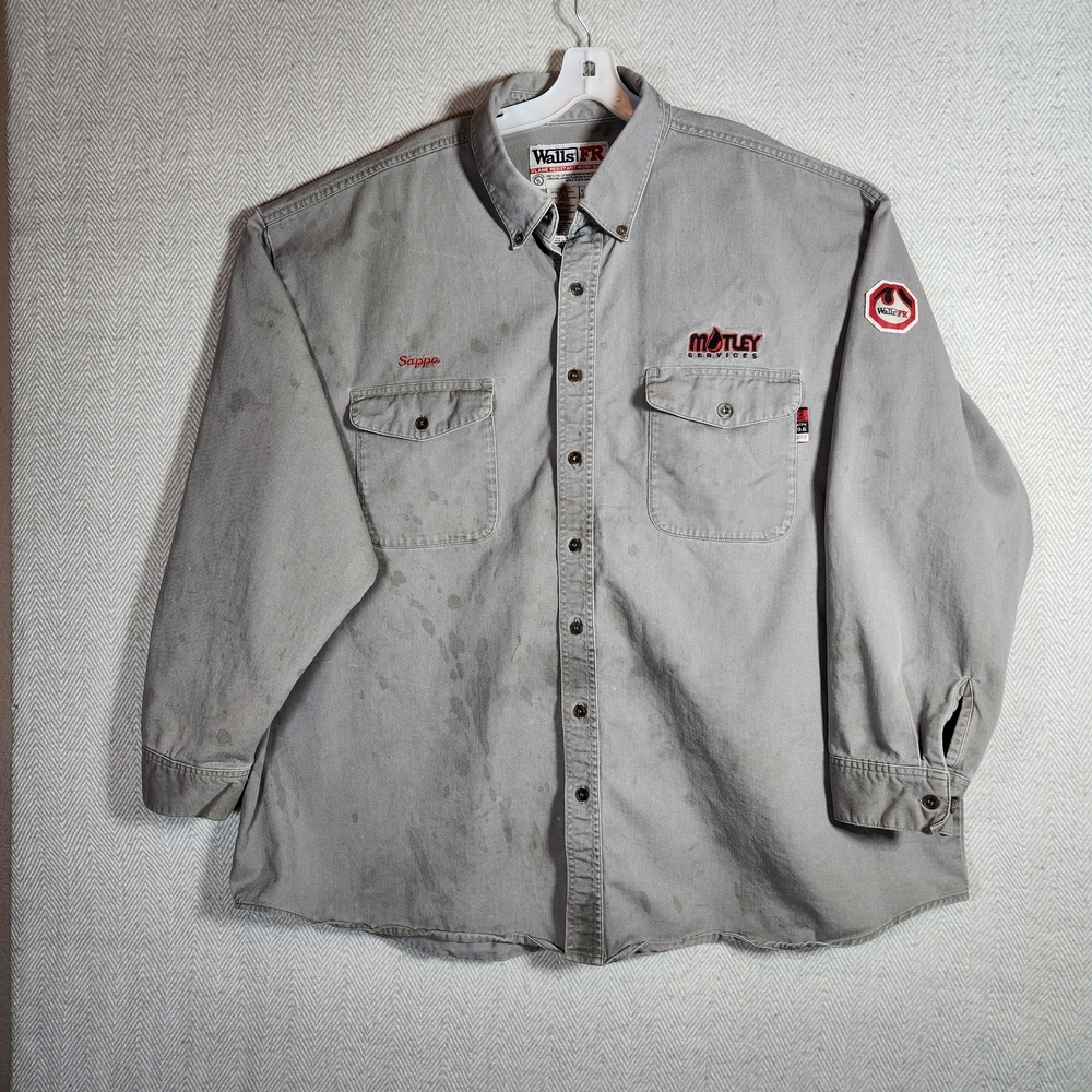 Walls FR 4XL Gray Workwear Button-Up Shirt Motley Embroidery Stains See Pics